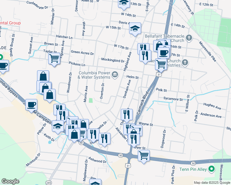 map of restaurants, bars, coffee shops, grocery stores, and more near 2112 Highland Avenue in Columbia