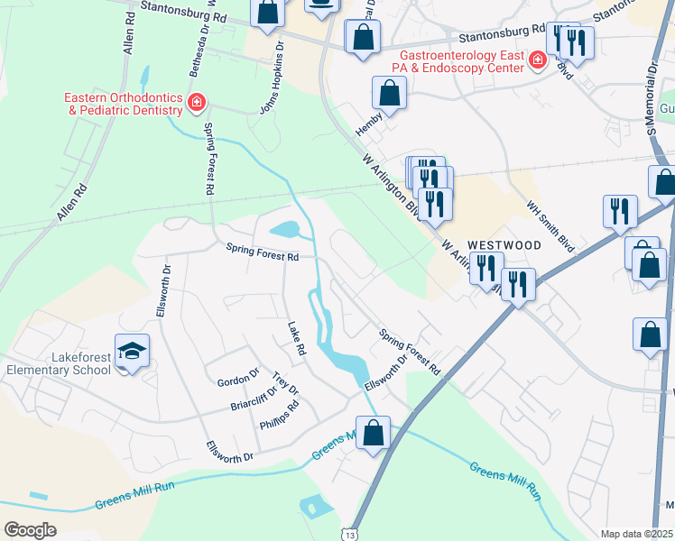 map of restaurants, bars, coffee shops, grocery stores, and more near 855 Spring Forest Road in Greenville