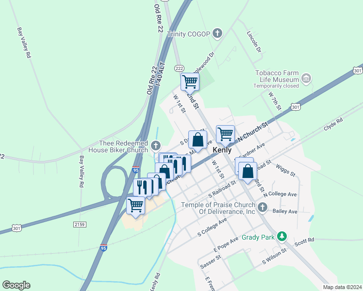 map of restaurants, bars, coffee shops, grocery stores, and more near 316 South Darden Street in Kenly