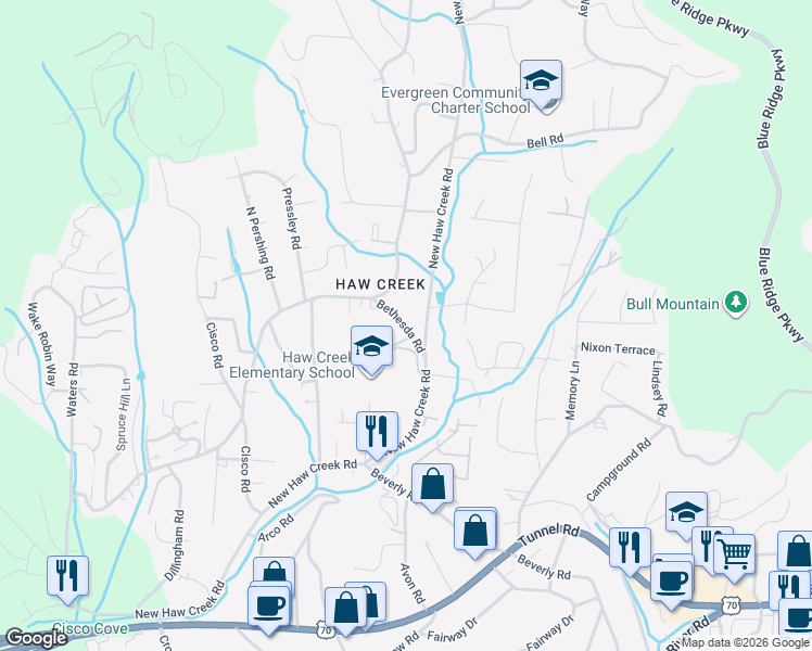 map of restaurants, bars, coffee shops, grocery stores, and more near 20 Bethesda Road in Asheville
