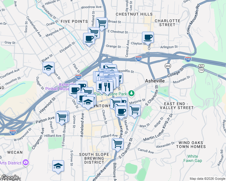 map of restaurants, bars, coffee shops, grocery stores, and more near 16 West Walnut Street in Asheville