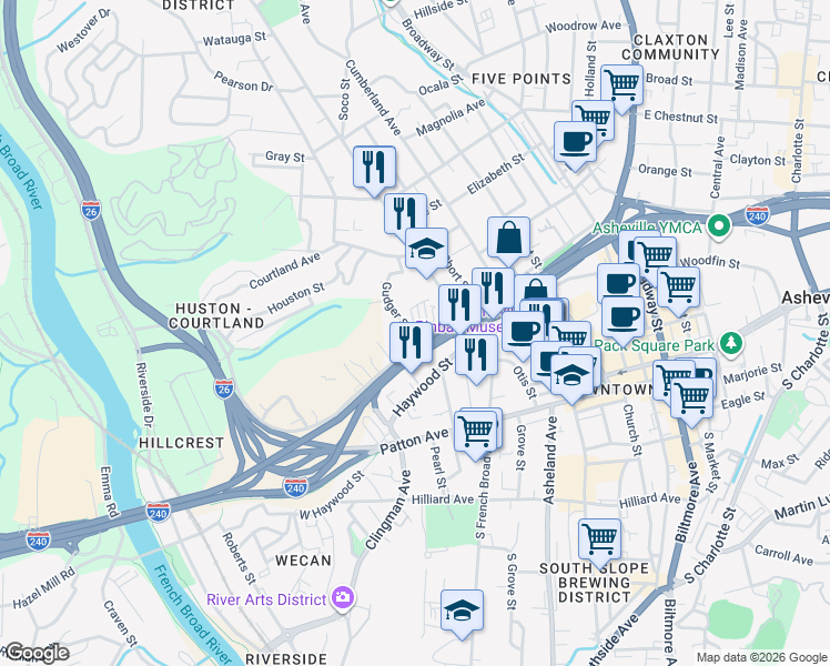 map of restaurants, bars, coffee shops, grocery stores, and more near 40 Gudger Street in Asheville