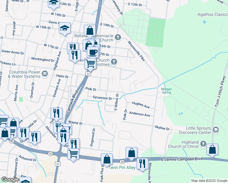 map of restaurants, bars, coffee shops, grocery stores, and more near 305 Polk Street in Columbia