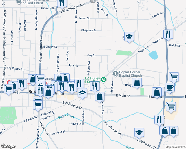 map of restaurants, bars, coffee shops, grocery stores, and more near 918 Gray St in Brownsville