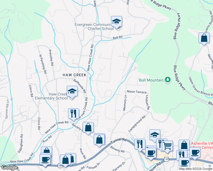 map of restaurants, bars, coffee shops, grocery stores, and more near 43 Dogwood Grove in Asheville