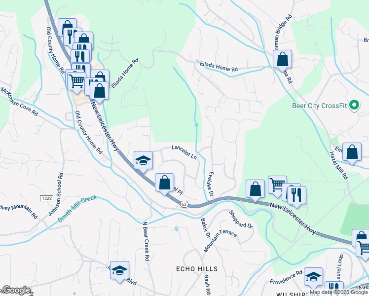 map of restaurants, bars, coffee shops, grocery stores, and more near 20 Lancelot Lane in Asheville