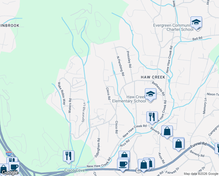 map of restaurants, bars, coffee shops, grocery stores, and more near 72 Cisco Road in Asheville