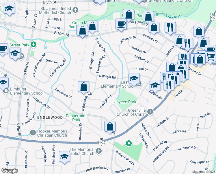map of restaurants, bars, coffee shops, grocery stores, and more near 2410 Slay Dr in Greenville
