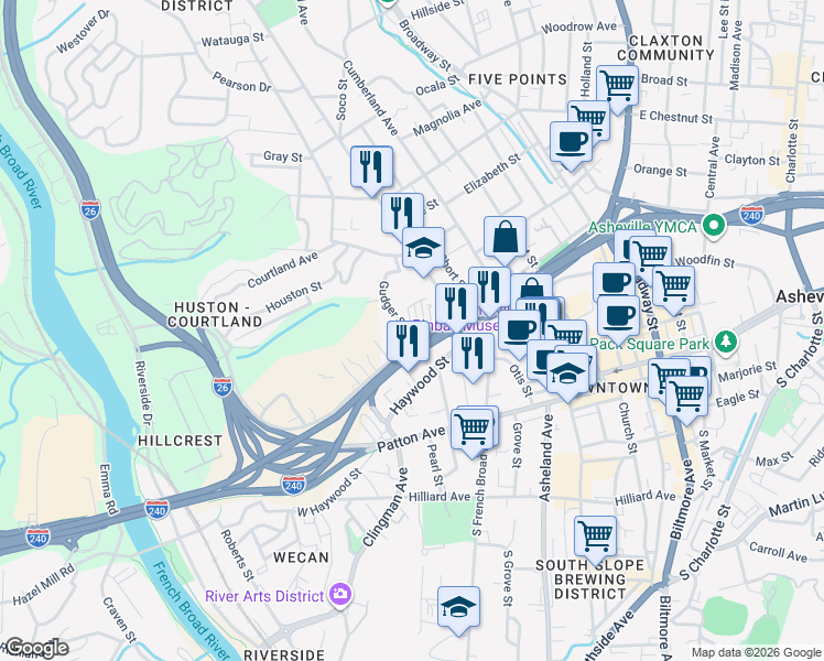 map of restaurants, bars, coffee shops, grocery stores, and more near 40 Gudger Street in Asheville