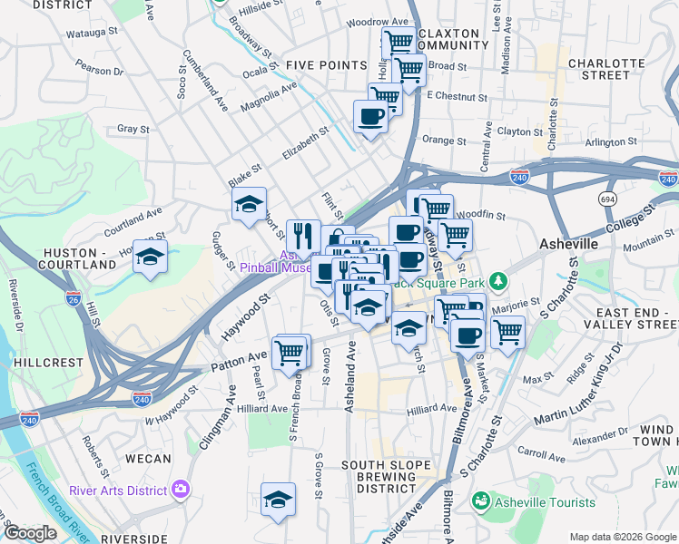 map of restaurants, bars, coffee shops, grocery stores, and more near 1 Battle Square in Asheville