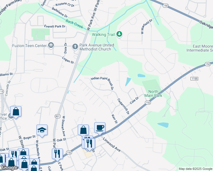 map of restaurants, bars, coffee shops, grocery stores, and more near 105 Meadow Lilly Court in Mooresville