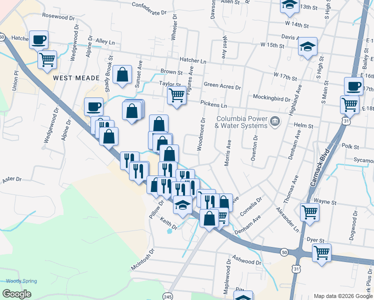 map of restaurants, bars, coffee shops, grocery stores, and more near 111 Brookview Circle in Columbia
