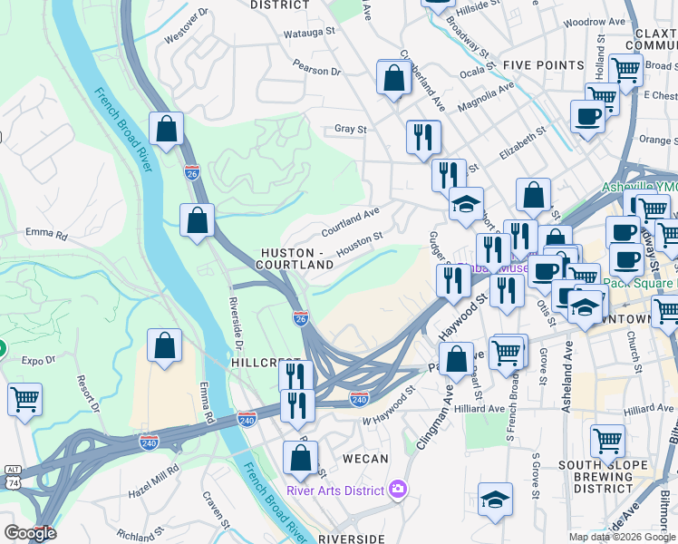 map of restaurants, bars, coffee shops, grocery stores, and more near 181 Houston Place in Asheville