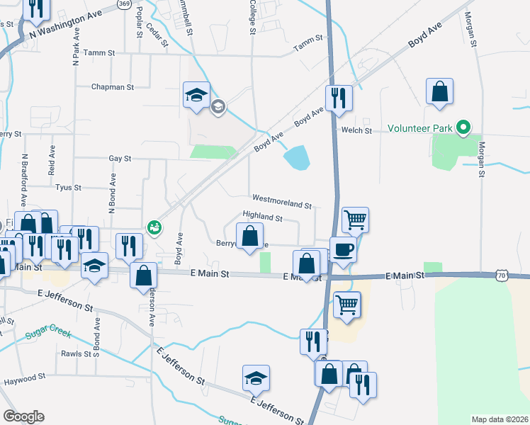 map of restaurants, bars, coffee shops, grocery stores, and more near 1115 Highland Street in Brownsville