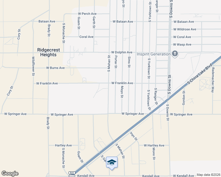 map of restaurants, bars, coffee shops, grocery stores, and more near 1512 Porter Street in Ridgecrest