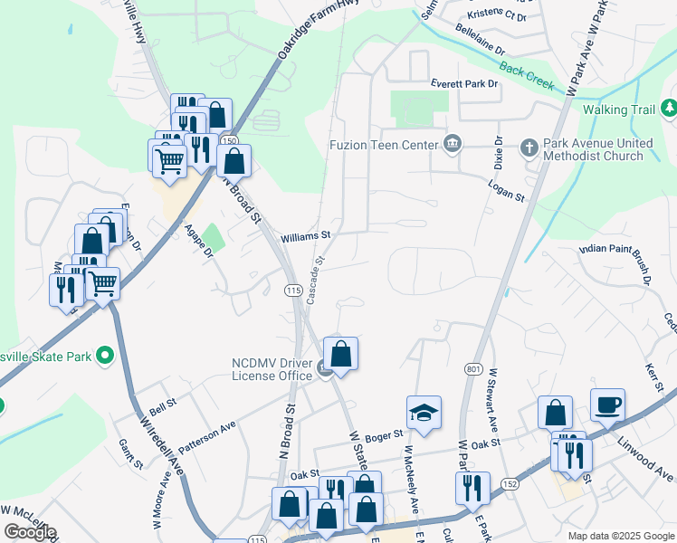 map of restaurants, bars, coffee shops, grocery stores, and more near 623 School Street in Mooresville