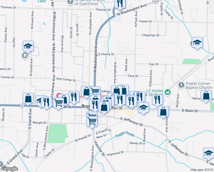 map of restaurants, bars, coffee shops, grocery stores, and more near 207 Church St in Brownsville
