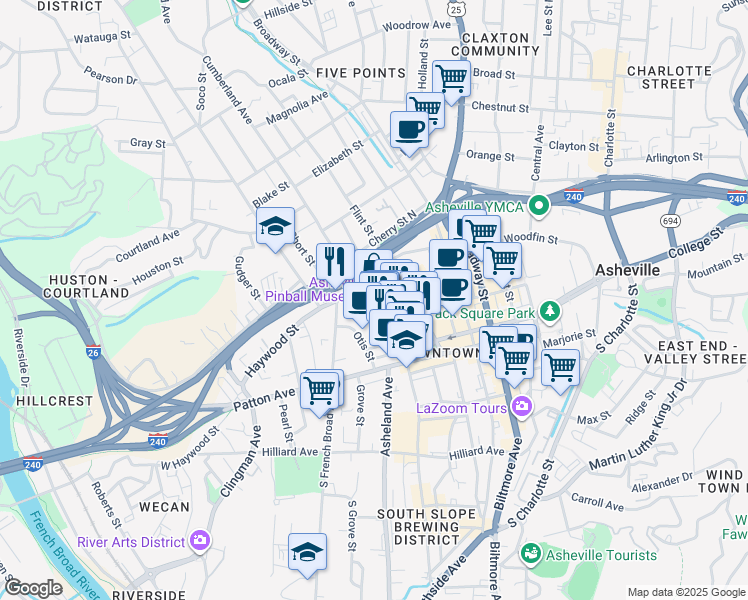 map of restaurants, bars, coffee shops, grocery stores, and more near 1 Battle Square in Asheville