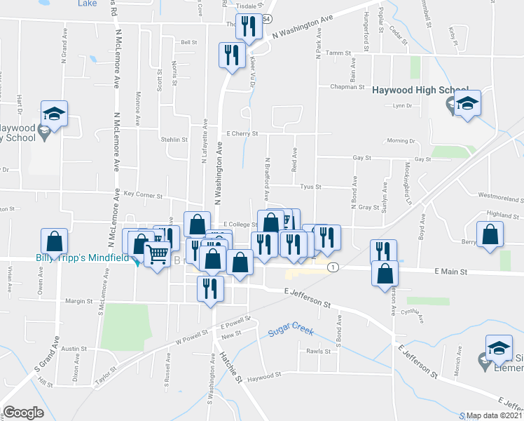 map of restaurants, bars, coffee shops, grocery stores, and more near 261 North Bradford Avenue in Brownsville