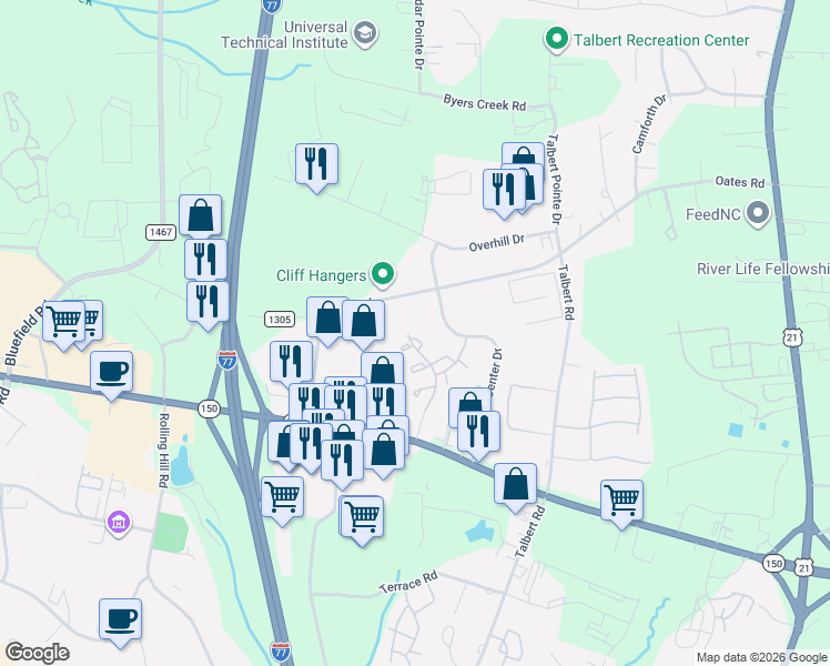 map of restaurants, bars, coffee shops, grocery stores, and more near 126 Barnhardt Loop in Mooresville