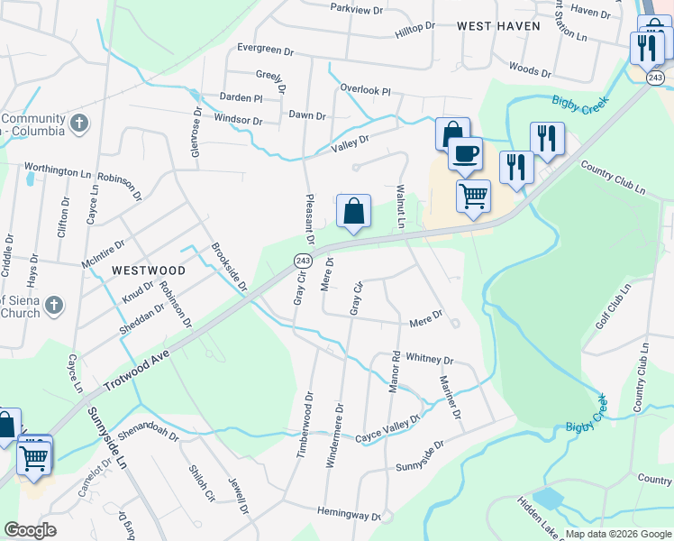 map of restaurants, bars, coffee shops, grocery stores, and more near 2712 Gray Circle in Columbia