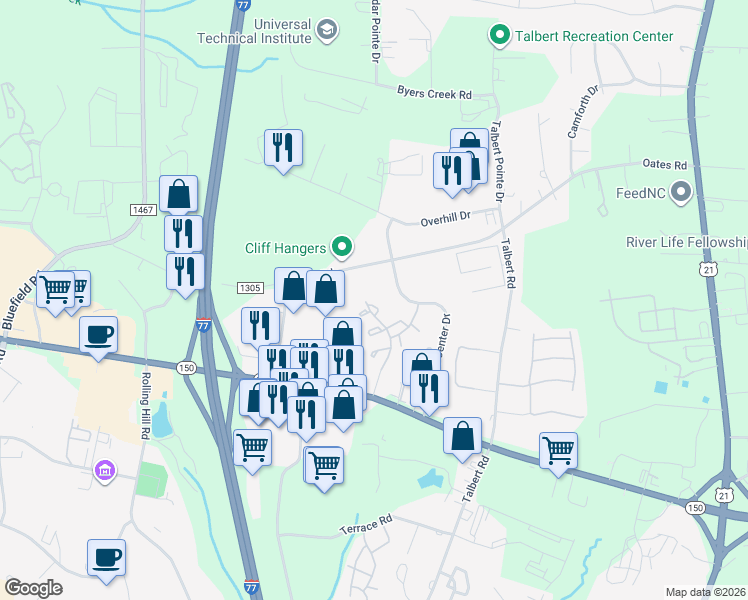 map of restaurants, bars, coffee shops, grocery stores, and more near 126 Barnhardt Loop in Mooresville