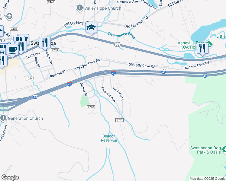 map of restaurants, bars, coffee shops, grocery stores, and more near 206 Harrison Street in Swannanoa