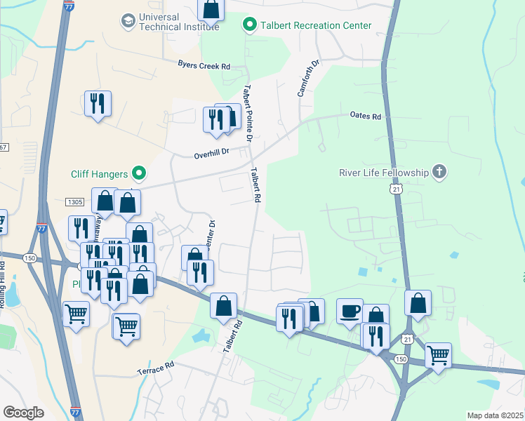 map of restaurants, bars, coffee shops, grocery stores, and more near 131 Talbert Road in Mooresville