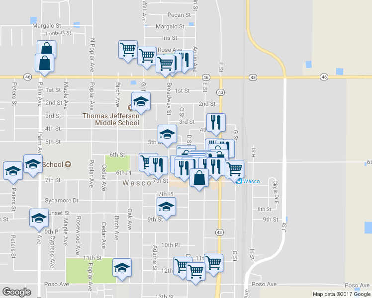 map of restaurants, bars, coffee shops, grocery stores, and more near 517 D Street in Wasco