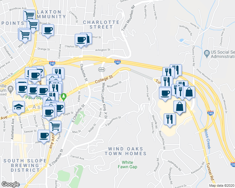 map of restaurants, bars, coffee shops, grocery stores, and more near 45 Clemmons Street in Asheville