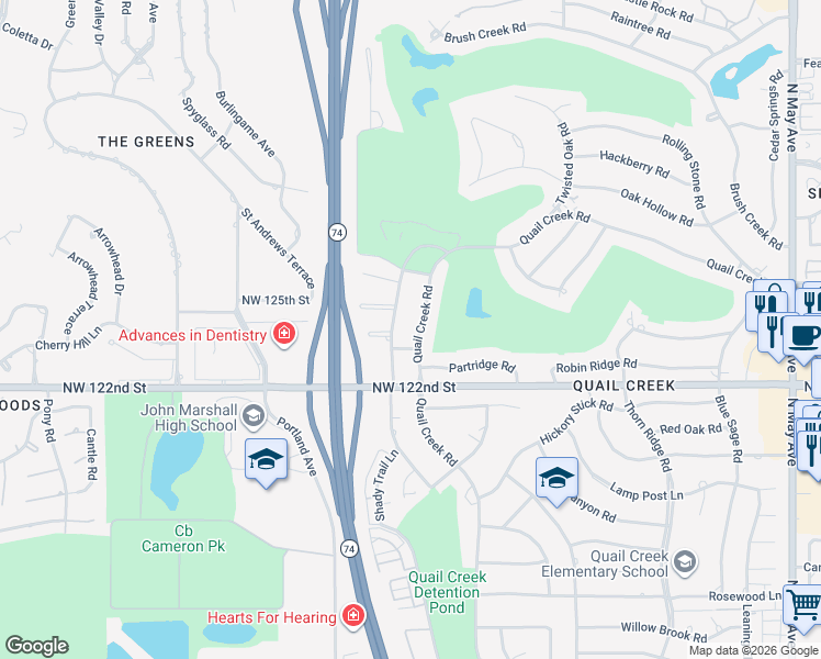 map of restaurants, bars, coffee shops, grocery stores, and more near 12420 Maple Ridge Road in Oklahoma City