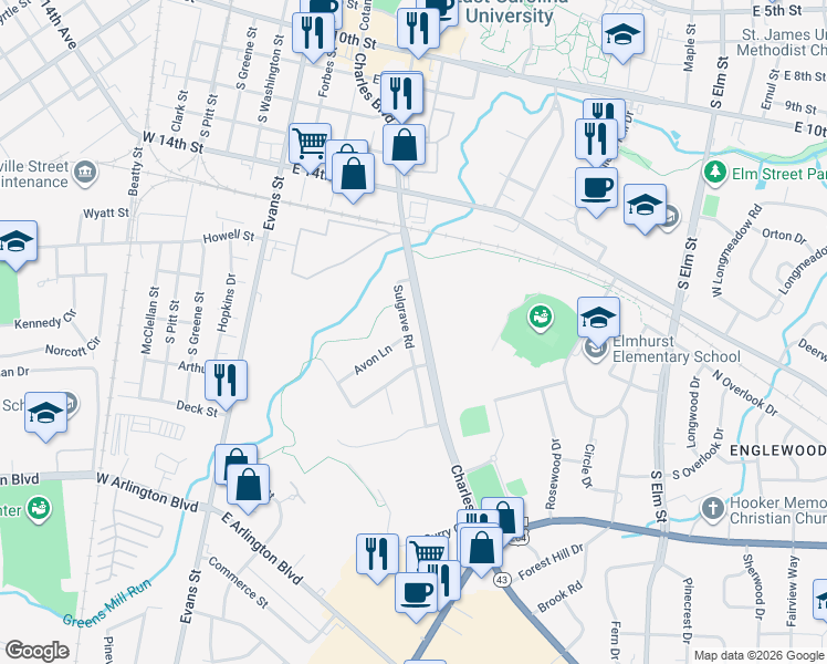 map of restaurants, bars, coffee shops, grocery stores, and more near 1615 Sulgrave Road in Greenville