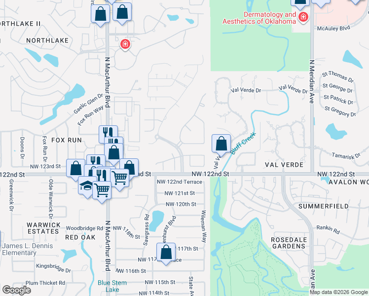 map of restaurants, bars, coffee shops, grocery stores, and more near 5316 Northwest 124th Street in Oklahoma City