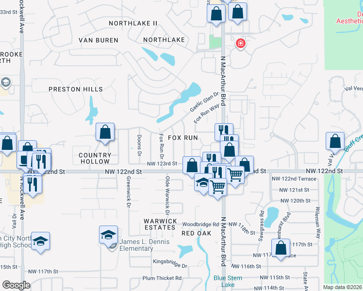 map of restaurants, bars, coffee shops, grocery stores, and more near 12505 Abbotts Way in Oklahoma City