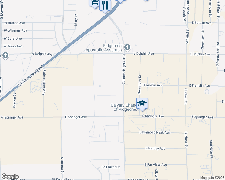 map of restaurants, bars, coffee shops, grocery stores, and more near 113 West Franklin Avenue in Ridgecrest