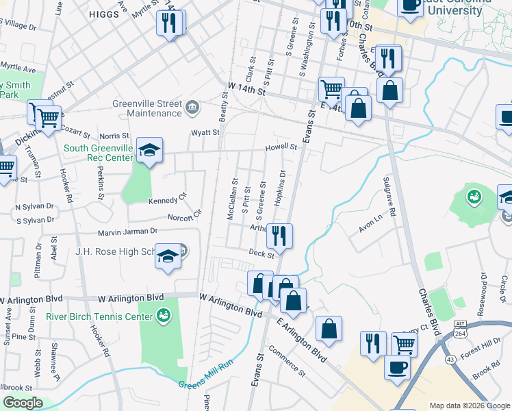 map of restaurants, bars, coffee shops, grocery stores, and more near 1802 South Greene Street in Greenville