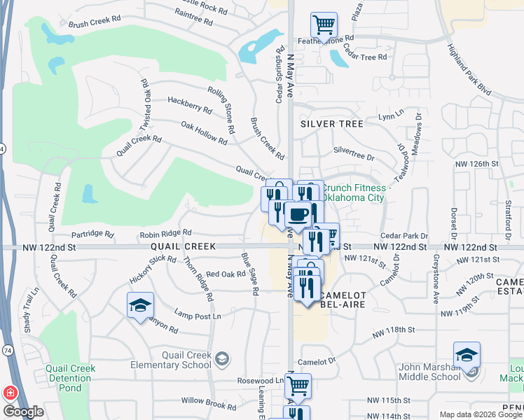 map of restaurants, bars, coffee shops, grocery stores, and more near 12408 Blue Sage Road in Oklahoma City