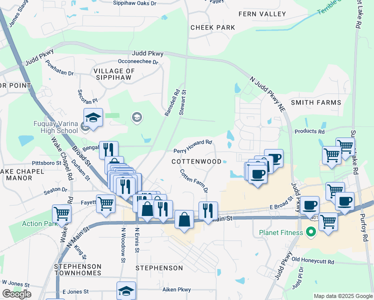 map of restaurants, bars, coffee shops, grocery stores, and more near 608 Perry Howard Road in Fuquay Varina