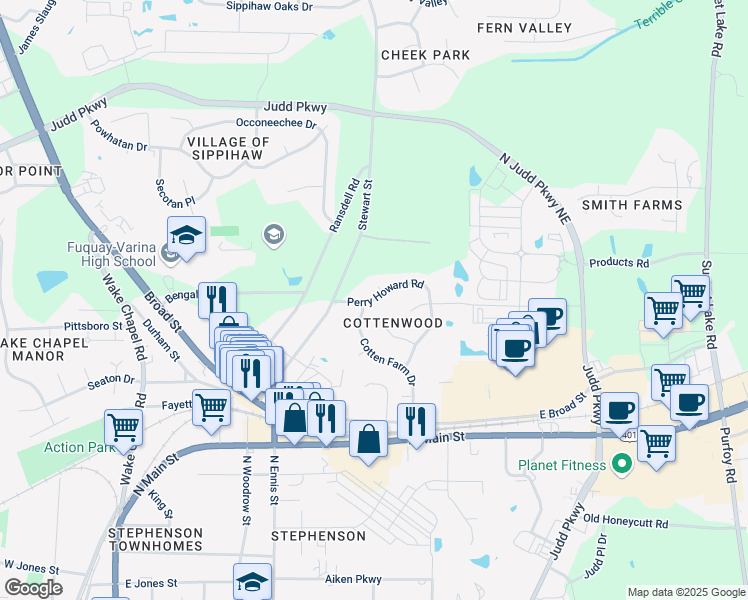 map of restaurants, bars, coffee shops, grocery stores, and more near Perry Howard Road in Fuquay Varina