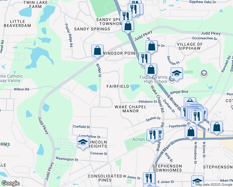map of restaurants, bars, coffee shops, grocery stores, and more near 909 Alderleaf Drive in Fuquay Varina