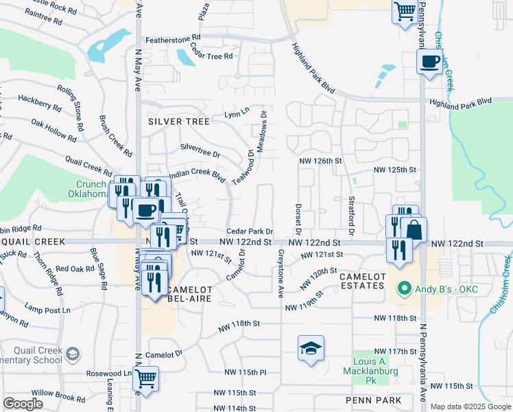 map of restaurants, bars, coffee shops, grocery stores, and more near 12501 High Meadow Dr in Oklahoma City