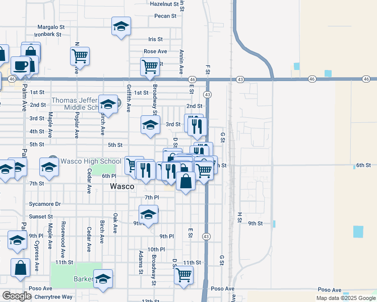map of restaurants, bars, coffee shops, grocery stores, and more near 509 E Street in Wasco