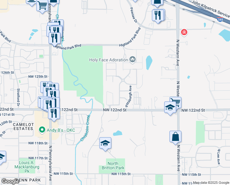 map of restaurants, bars, coffee shops, grocery stores, and more near 12416 Nittany Drive in Oklahoma City