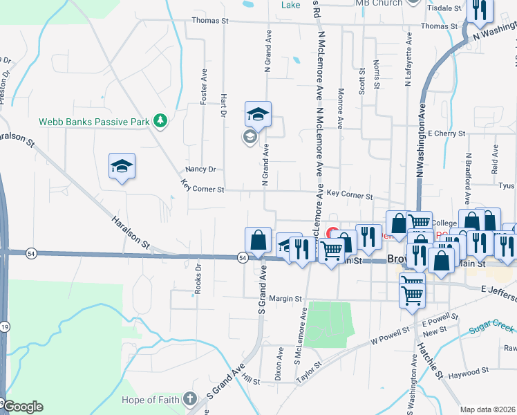 map of restaurants, bars, coffee shops, grocery stores, and more near 127 North Grand Avenue in Brownsville