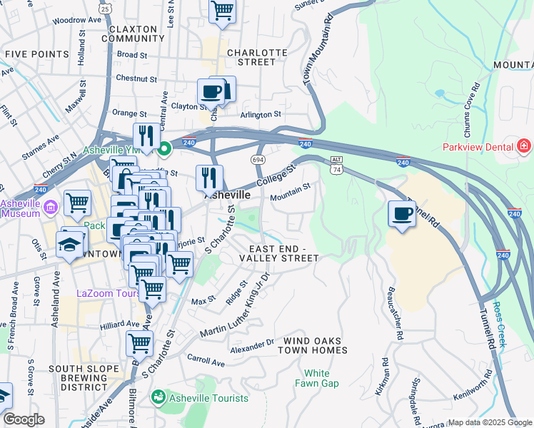 map of restaurants, bars, coffee shops, grocery stores, and more near 45 Martin Luther King Junior Drive in Asheville