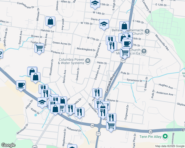 map of restaurants, bars, coffee shops, grocery stores, and more near 2105 Highland Avenue in Columbia