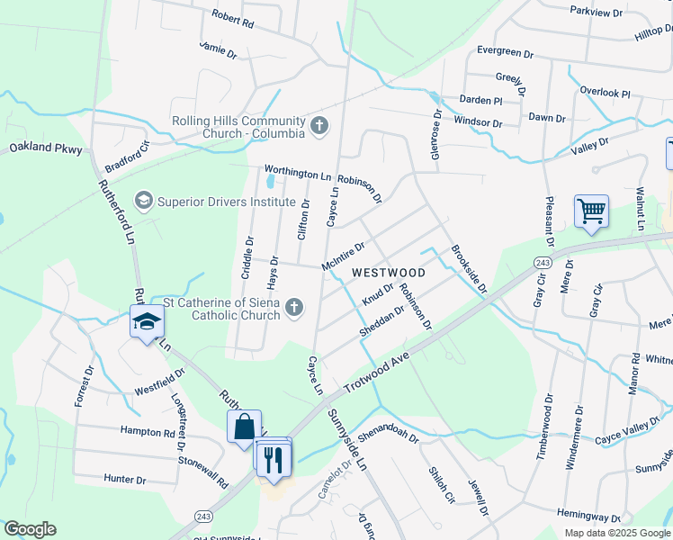 map of restaurants, bars, coffee shops, grocery stores, and more near 4013 McIntire Drive in Columbia