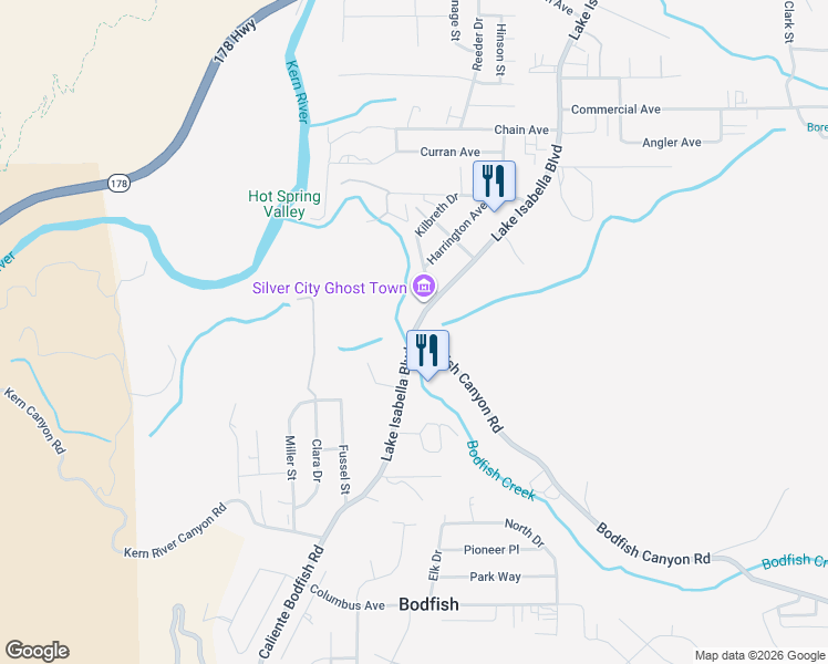 map of restaurants, bars, coffee shops, grocery stores, and more near 2 Bodfish Canyon Road in Bodfish