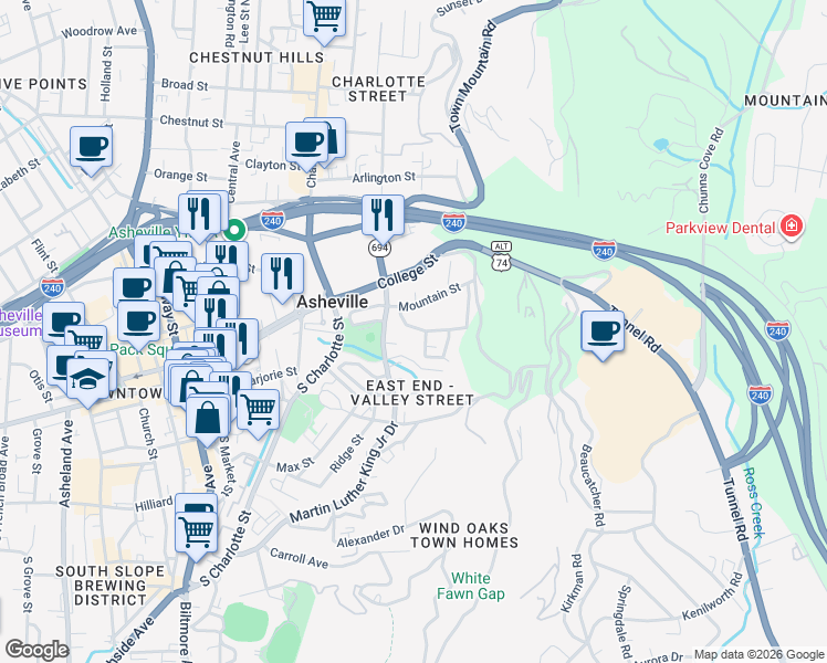 map of restaurants, bars, coffee shops, grocery stores, and more near 45 Martin Luther King Junior Drive in Asheville