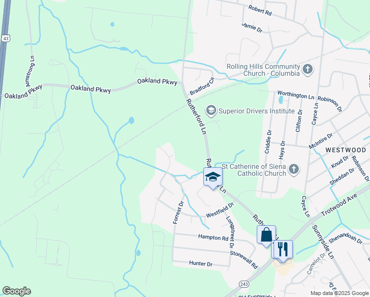 map of restaurants, bars, coffee shops, grocery stores, and more near 210 Rutherford Lane in Columbia